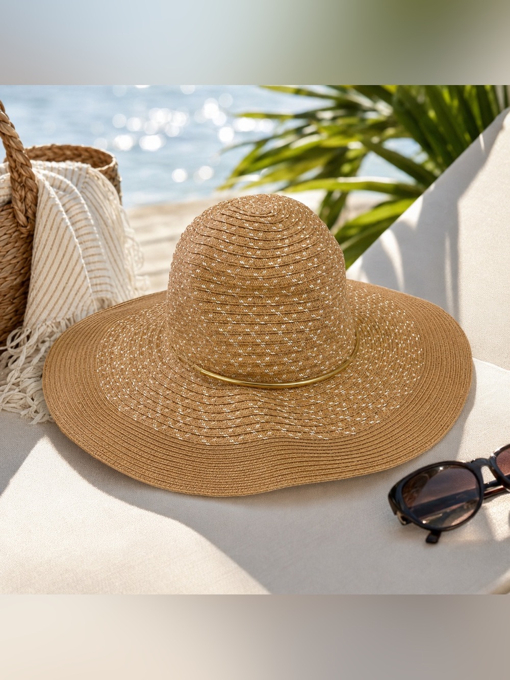 🌞 Boho Wide Brim Sun Hat Tan & White Woven Beach Vacation Resort One Size